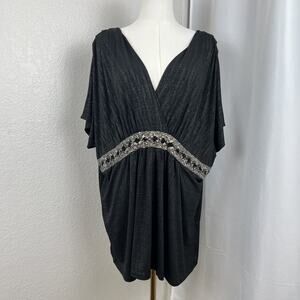 Fashion Bug Top Womens 3X‎ Black Sparkly Beaded Babydoll Glam Elegant Stretch